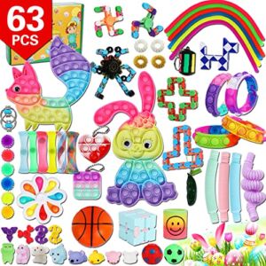 63 pcs Fidget Toy Packs, Sensory Fidget Toys Set for Autism Kids and Adults Stress Relieve Pop Stress Ball It Gift Party Favor Stocking Stuffers Easter Filler Gift Class Prize Boys and Girls Ages 3-12