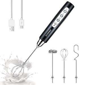 Milk Frother Handheld with 3 Heads, Coffee Whisk Foam Mixer with USB Rechargeable 3 Speeds, Electric Mini Hand Blender for Latte, Cappuccino, Hot Chocolate, Egg – Black