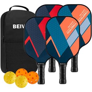 Beives Pickleball Paddles Pickle Ball Raquette Set of 4 Lightweight Pickleball Set, 4 Pickleball Rackets with 4 Balls Including Portable Carry Bag