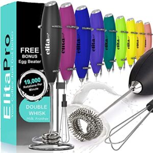 ElitaPro Double Whisk Milk Frother Handheld with Detachable Egg Beater , Upgrade Motor, High Powered Mixer, Foam Maker (Black)