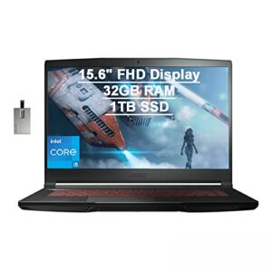 2021 MSI GF63 Thin Gaming 15.6″ FHD Laptop Computer, Intel Core i5-10300H (Beats i7-9750H), 32GB RAM, 1TB PCIe SSD, Backlit Keyboard, GeForce GTX 1650 MaxQ, HD Webcam, Win 10, Black, 32GB USB Card