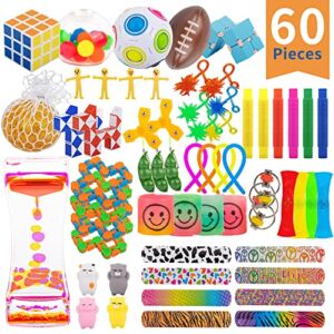 KIZCITY 60 Pcs Sensory Fidget Toys Pack, Stress Anxiety Relief Fidget Toys Set for Kids Adults, Fidget Box Assortment with Stress Balls Infinity Cube Pop Tube for Party Favors, Goodie Bag Fillers