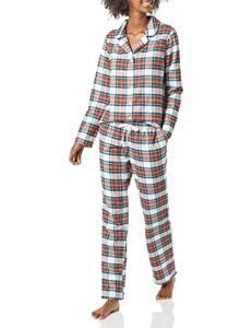 Amazon Essentials Women’s Flannel Long-Sleeve Button Front Shirt and Pant Pajama Set, Red, Tartan, Medium