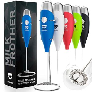 Milk Frother Handheld Battery Operated Foam Maker Electric Wand Mini Drink Mixer with Stainless Steel Whisk and Stand for Cappuccino Coffee Latte Frappe Hot Chocolate Matcha (Blue)