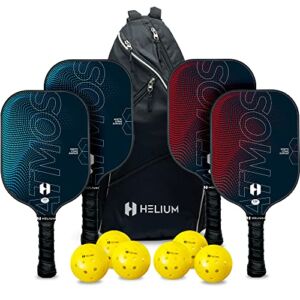 Helium Atmos Pickleball Paddle Set of 4 – USAPA Certified Pro Carbon Fiber Pickleball Paddle w/ Texture, Lightweight Honeycomb Core, Tactile Comfort Grip (4 Paddles, 6 Balls, 1 Sports Bag)