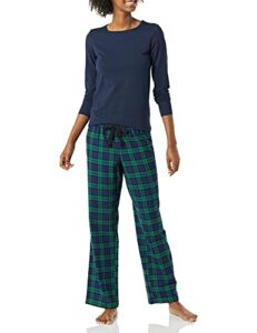 Amazon Essentials Women’s Lightweight Flannel Pant and Long-Sleeve T-Shirt Sleep Set, Blackwatch/Tartan/Plaid, Large