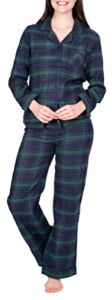 Blis Women’s Flannel Pajama Set Long Sleeve Pajamas for Women Button Up Pajamas for Women Notch Collar Set Navy and Green Tartan Plaid X-Large