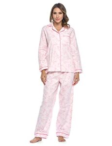 Casual Nights Women’s Flannel Long Sleeve PJ’s Button Down Sleepwear Pajama Set – Pink Floral – Large