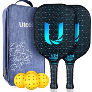 Uteeqe Pickleball Paddles Set of 2 – Graphite Surface with High Grit & Spin, USAPA Approved Pickleball Set Pickle Ball Raquette Lightweight Polymer Honeycomb Non-Slip Grip w/ 4 Outdoor Balls & Bag