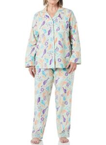 AmeriMark Womens Flannel Pajama Two Piece Set PJ Sleepwear with Button Front Top Mint Multi X-Large Petite