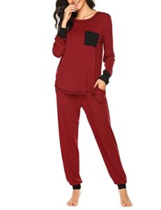 Ekouaer Womens Cotton Long-Sleeve Top and Flannel Bottom Pajama Set Lightweight Sleepwear (Red, X-Large)
