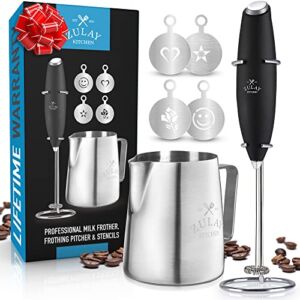 Zulay Milk Frother Complete Set Coffee Gift, Handheld Foam Maker for Lattes – Whisk Drink Mixer for Coffee, Mini Blender for Cappuccino, Frappe – Includes Frother, Stencils & Frothing Cup (Black)