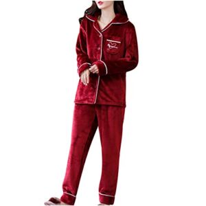 Winter Flannel Pajamas for Women’s Cozy 2 Piece PJ Set Button Down Long Sleeve Loungewear Warm Sleepwear Set Red