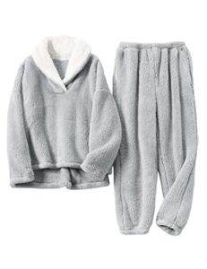 Watashi Women’s Fuzzy Pajamas 2 Pieces Sets Christmas Fluffy Loungewear Pjs Flannel Fleece Sleepwear(-Grey-XL)