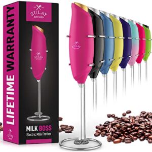 Zulay Kitchen Premium One-Touch Milk Frother for Coffee – Easy-Use Frother Handheld Foam Maker – Electric Whisk Drink Mixer for Cappuccino, Frappe, Matcha and Hot Chocolate (Hot Pink, Gold Button)