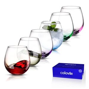 Colovie Colored Wine Glasses Set of 6, Stemless Wine Glasses, Large 15OZ, Colorful Short Glass Wine Tumbler Set, Red Wine Glasses, White Wine Glasses. Freezer & Dishwasher Safe, Securely Boxed Gift