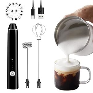Rechargeable Milk Frother Handheld Electric Foam Maker with Stainless Whisk 3 Speed for Bulletproof Coffee Latte Cappuccino Hot Chocolate Black Extra 16 Pcs Art Stencils