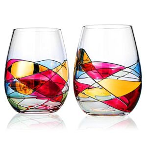 Artisanal Hand Painted Stemless – Rennesance Romantic Stain-glassed Windows Wine Glasses, By The Wine Savant – Set of 2 – Gift Idea for Birthday, Housewarming – Extra Large Goblets (Stemless)