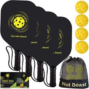 Net Beast Wood Pickleball Paddles 4 Pack – Wooden Pickleball Set with Carry Bag and 4 High Performance Balls, 7-ply Basswood, Pickleball Rackets with Ergonomic Cushion Grip, Racquette Set of 4