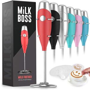 Milk Boss Mighty Milk Frother Handheld Whisk Mixer – Coffee Frother Electric Handheld Foam Maker & Frother For Coffee – Portable Electric Whisk With 16-Piece Stencils For Lattes, Matcha & More (Red)