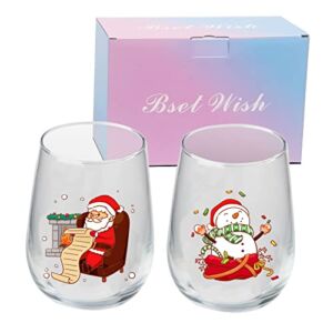 AEAHALY Christmas Wine Glasses Set of 2, Stemless Wine Glasses 17 Oz for Red or White Wine, Festive Santa Belt and Snowman Red Wine Glasses, Drinking Glasses Gift Colored Painted Winter Glassware