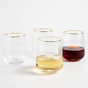 Lysenn Stemless Wine Glasses Set of 4 – Premium Hand Blown Drinking Glasses for White and Red Wine – Elegant Vertical Stripe and Gold Rim Design – Clear 15oz