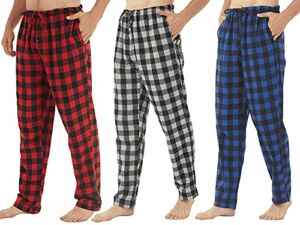 3 Pack Mens Flannel Pajamas Pants Set Cotton Plaid Pjs Bottoms Soft Warm Lounge Sleep with Button Fly Pockets Pj Pants