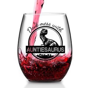 Futtumy Aunt Gifts, Don’t Mess with Auntiesaurus Stemless Wine Glass, Funny Aunt Dinosaur Glass for Women Aunt Auntie from Nephew Niece, Unique Christmas Gift Mother’s Day Gift Birthday Gift, 15oz