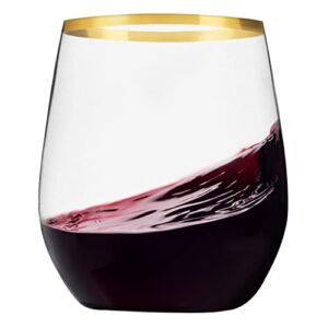 24 Pack Plastic Stemless Wine Glasses with Gold Rim, Disposable 12 Oz Clear Wine Cups – Shatterproof Recyclable And BPA-Free, Fancy Party Cups for Wedding Reception Cocktail Parties and Catered Events