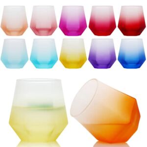 Vibrant Stemless Wine Glasses Set of 12,10 OZ Colorful Diamond Cocktail Glasses,Geometric Color Gradient White Wine Glass Tumblers for Wine,Bourbon,Party