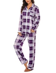 Ekouaer Pajamas Christmas Plaid Pajama Sets for Women Button Down Pj Set(Purple-White Plaid,Medium)