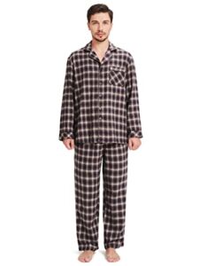 SIORO Mens Pajamas Set Flannel Cotton Pajama Pants & Top Sleepwear Loungewear,Brown and White Plaid,Large