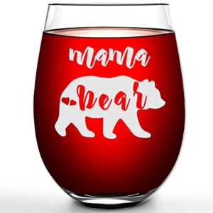 Stemless Wine Glasses – Mama Bear Wine Glasses with Gift Box, Mothers Day Gift, Mom Gifts, Mom Birthday Gift, 17 Oz, Great Choice for Thanksgiving Day, Mother’s Day, Christmas