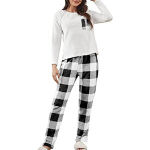 Womens Winter Pajama Sets Flannel Warmth Soft Plaid Sleepwear 2 Pieces Suit Crew Neck Long Sleeve Trendy Casual Nightwear