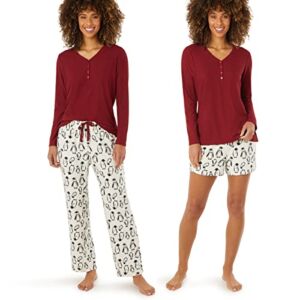 Eddie Bauer 3-Piece Waffle Knit Pajama Set for Women – Long Sleeve V-Neck Henley, Matching Print Pants & Shorts, Assorted Colors – 2, Small