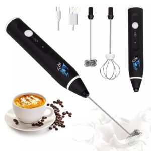 WaveTide Coffee Frother Handheld, Powerful 3-Speed Adjustable Handheld Milk Frother, USB-Rechargeable Hand Frother with 2 Stainless Whisks, for Milkshakes, Cappuccino, Hot Chocolate, Egg Mix (Black).