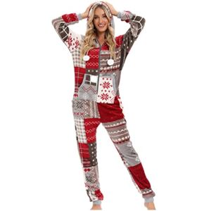 Adult One Piece Pajamas Flannel Hooded Zipper Jumpsuit Fleece Womens Onesie Sleepwear Winter Warm Loungewear Romper
