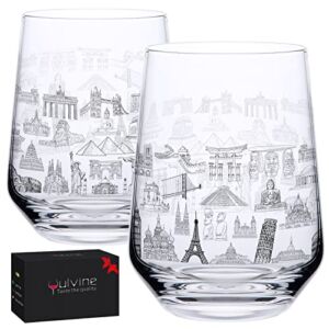 YULVINE World Landmarks Stemless Wine Glasses Set of 2-Hand Blown Wine Glass,Wine Tumbler Cups For Red or White Wine-14.5oz,Birthday Gifts for Women