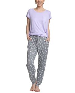 Hanes Women’s Short Sleeve Top and Jogger Pajama Pants , Purple/Grey Cat, Medium
