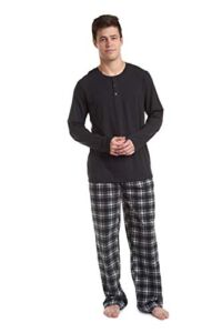 Cherokee Men’s Long Sleeve Pajama Shirt and Pants Set, Cozy and Breathable Cotton Top and Micro Fleece Bottom, Black Plaid, Medium