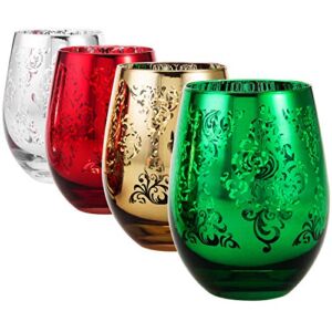 MyGift Assorted Christmas Themed Stemless Wine Glasses, Set of 4