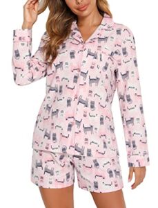 ENJOYNIGHT Women Pajamas Set Long Sleeve Cotton Flannel-Button Down Top&Shorts Pjs Set（Large,Cat)