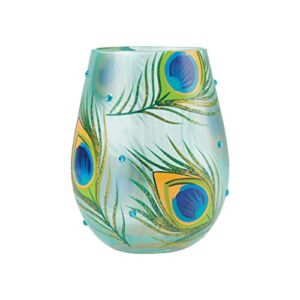 Enesco Designs by Lolita Peacock Feathers Artisan Hand-Painted Stemless Wine Glass, 1 Count (Pack of 1), Multicolor