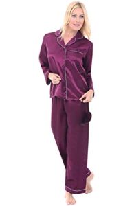 Alexander Del Rossa Women’s Button Down Satin Pajama Set with Sleep Mask, Long Silky Pjs, Large Deep Purple with Light Gray Piping (A0750PLGLG)