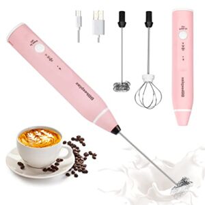 Coffee Frother, USB-Rechargeable Frother with 2 Stainless Whisks, 3-Speed Adjustable Handheld Frother Electric Drink Mixer for Cappuccinos, Hot Chocolate, Milkshakes, Egg Mix (Pink)