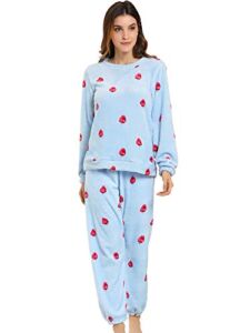 Allegra K Winter Flannel Pajama Sets for Women Cute Printed Long Sleeve Nightwear Top and Pants Loungewear Soft Sleepwears Small Strawberry Printed Blue
