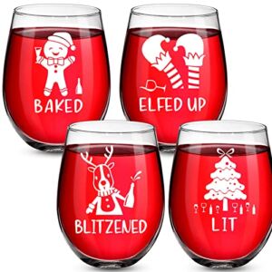 4 Pieces Christmas Stemless Wine Glass, 17 oz Merry Christmas Wine Glass, Funny Birthday Christmas Gifts for Women Men Friend