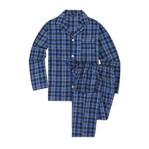 Noble Mount Mens Pajamas Set – 100% Cotton Flannel Pajamas for Men – Plaid Navy-Blue-White – Large