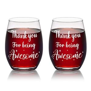 DAZLUTE Thank You Gifts for Women, Thank you for Being Awesome Stemless Wine Glass Set of 2, Christmas Appreciation Birthday Thanksgiving Day Gifts for Her Coworker Friends Teacher Housekeeping, 15Oz