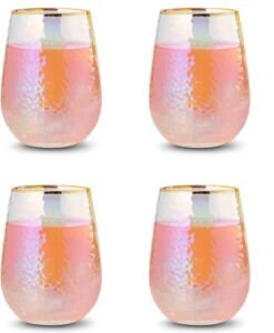 Festive Lustered Iridescent Stemless Wine & Water Glasses – Set of 4 – 100% Glass 15oz Mouthblown Colorful Glasses – Anniversaries, Birthday Gift, Cocktail Party Radiance – Water, Whiskey, Juice, Gift